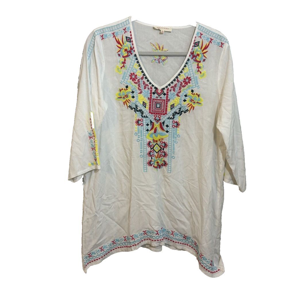 Solitaire White FLORAL Embroidered 3/4 Sleeve Tunic - Sz Small BOHO (S14)